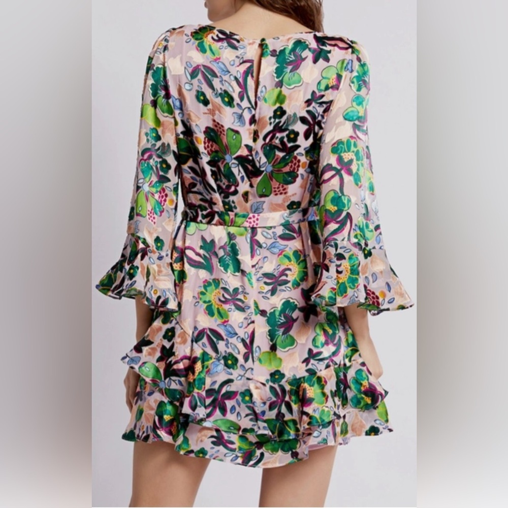 SALONI Silk Floral Ruffle Mini Dress Multicolor Light Pink Lined Slip Size 8 - Picture 2 of 13